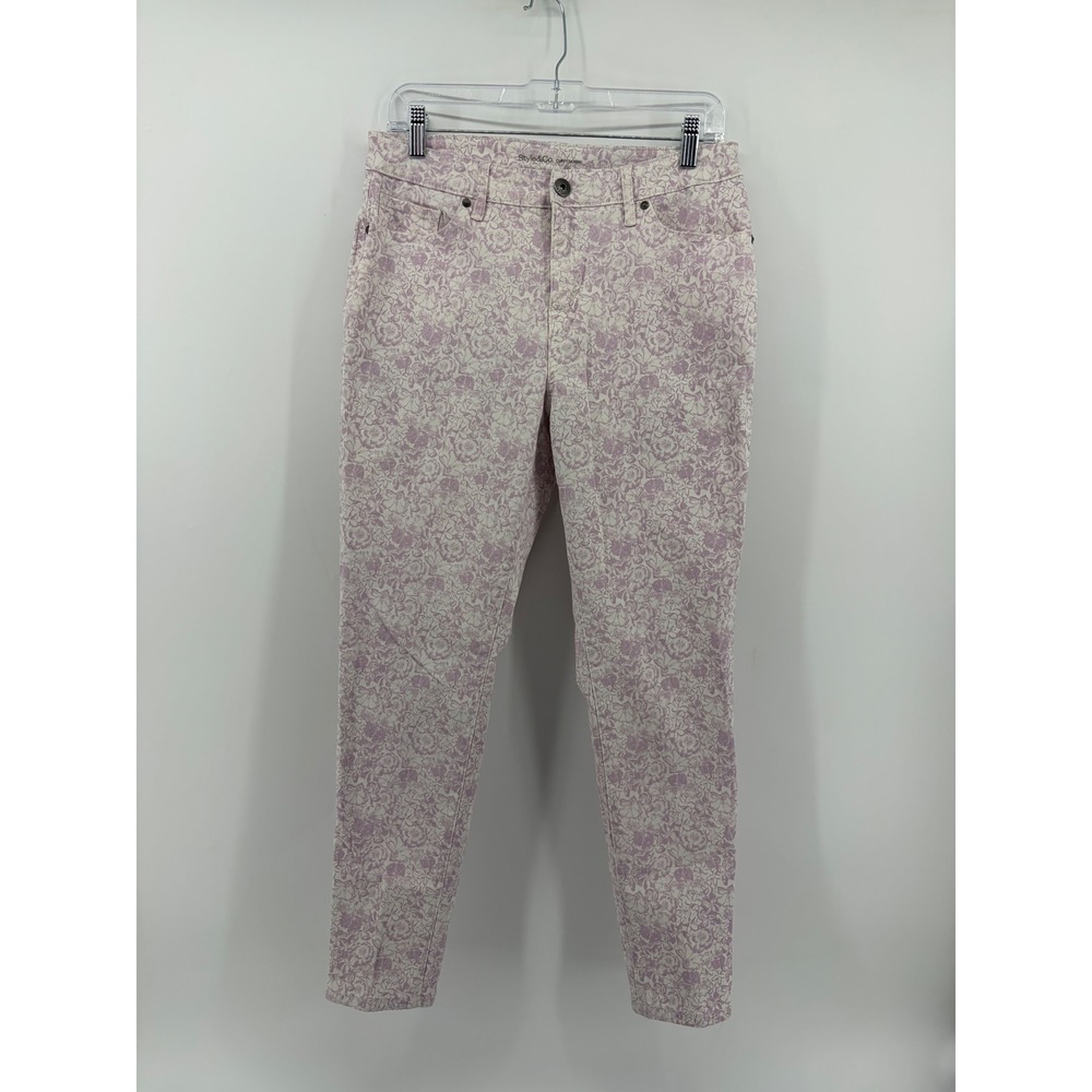 Style & Co Womens 8 Purple Floral Curvy Skinny Pants Stretch Mid Rise 5-Pocket